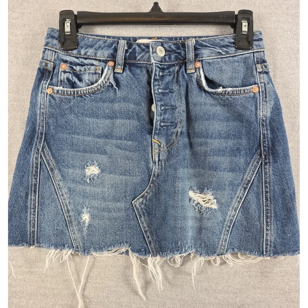 WE THE FREE Free People 25 Button Fly Distressed Denim Mini Skirt Boho Grunge